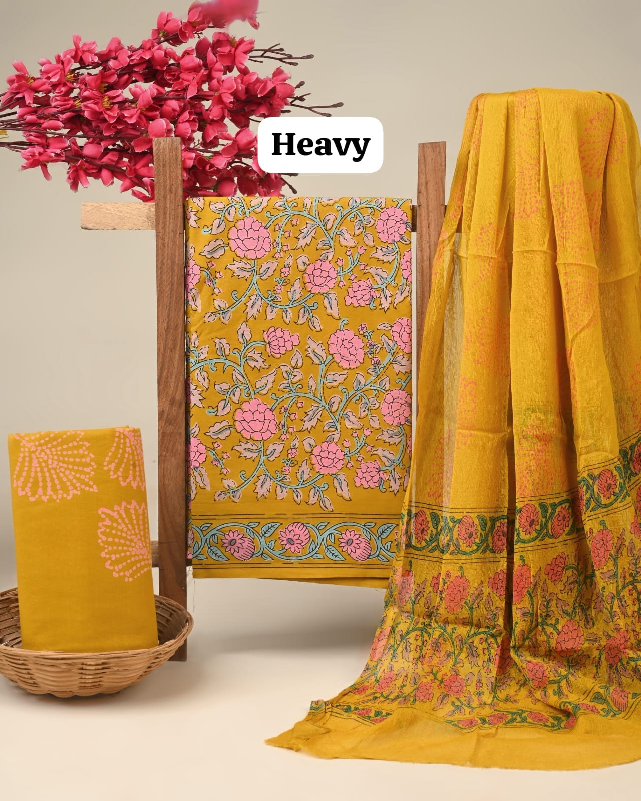 Grey floral jaal cotton dress material with chiffon dupatta wholesale, handblock printed cotton suit material for retailers by Fabtexs26